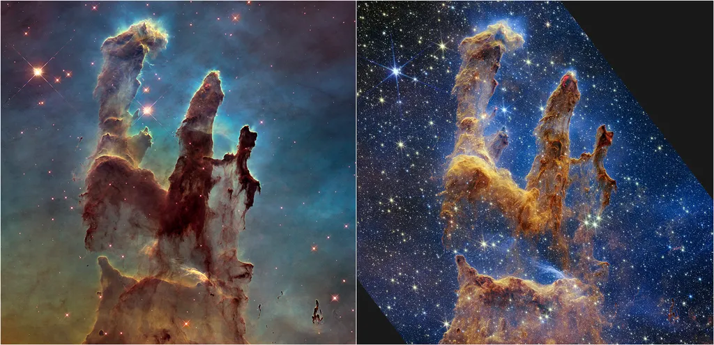 À esquerda, os Pilares da Criação imageados pelo telescópio Hubble em 2014, na luz visível; já no lado direito, está a nova imagem do telescópio James Webb (Imagem: Reprodução/NASA, ESA, CSA, STScI; J. DePasquale, A. Koekemoer, A. Pagan (STScI))
