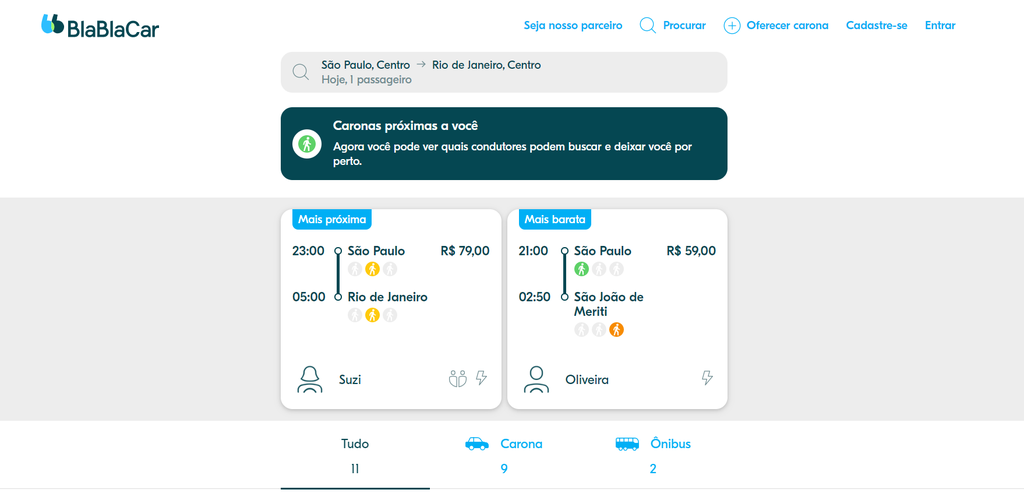 No site ou app da BlaBlaCar, o usuário pode optar por caronas ou passagens de ônibus (Captura de imagem: Rui Maciel)