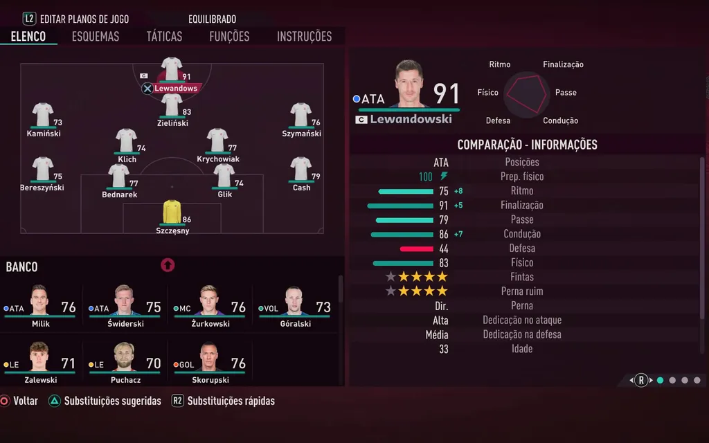 Robert Lewandowski é um dos melhores atacantes do simulador de futebol (Captura de tela: André Magalhães)
