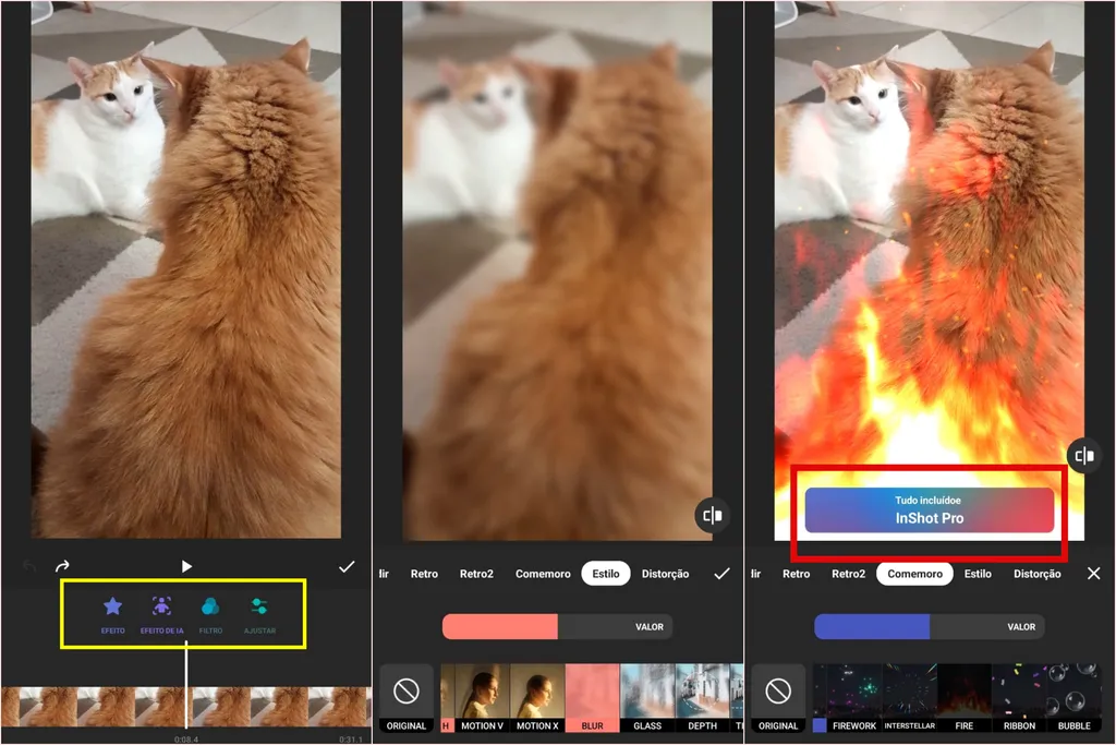 InShot tem filtros gratuitos, como o distorcido, e efeitos na versão paga do aplicativo, como o Fogo (Imagem: Captura de tela/Guilherme Haas/Canaltech)