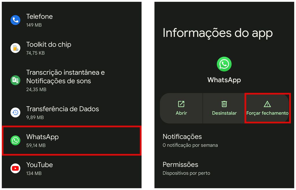 Como desativar o WhatsApp temporariamente: no Android, é possível forçar a parada do app (Captura de tela: Matheus Bigogno)
