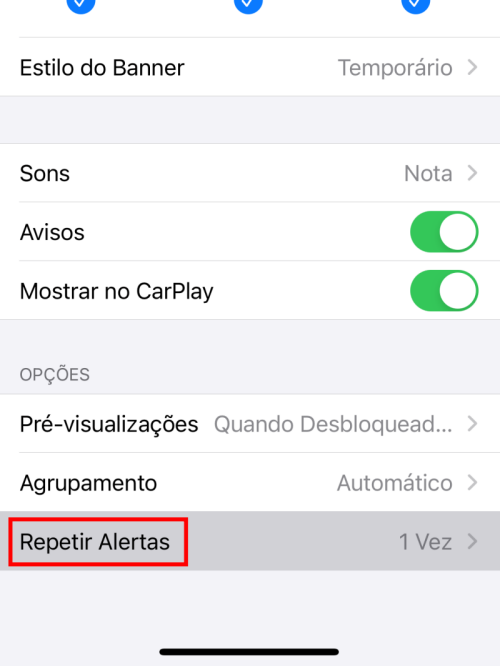 Encontre o menu "Repetir Alertas" no final da tela - Captura de tela: Bruno Salutes (Canaltech)