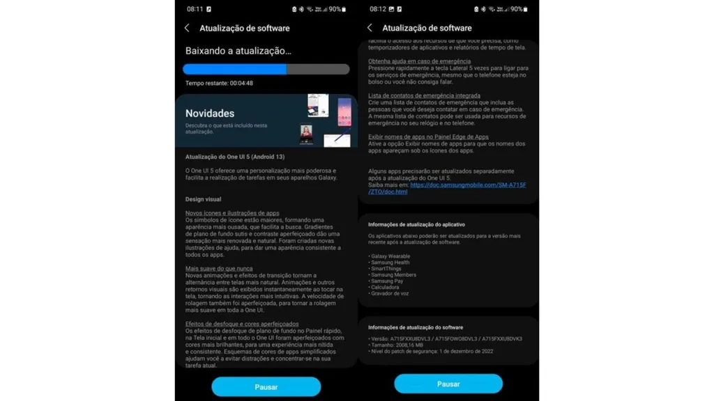 O Galaxy A71 brasileiro está sendo atualizado para o Android 13 nesta semana (Imagem: Reprodução/Samsung Members)