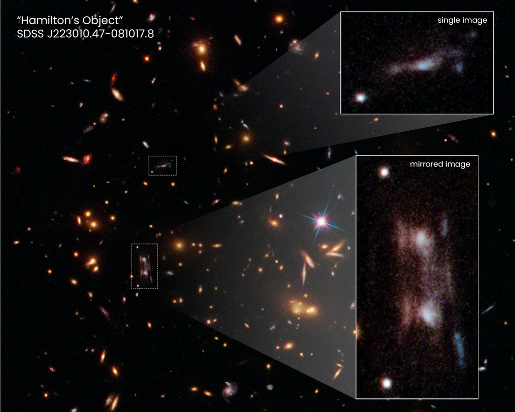 Detalhes das imagens ampliadas pela lente gravitacional encontrada pelos astrônomos (Imagem: Reprodução/Joseph DePasquale (STScI)