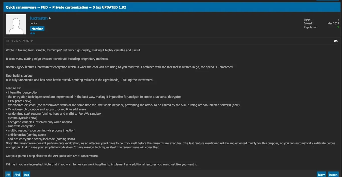 Anúncio de ransomware com capacidade de criptografia intermitente da gangue Qyick, uma das principais quadrilhas a adotarem método que traz maior eficiência aos golpes (Imagem: Reprodução/SentinelLabs)