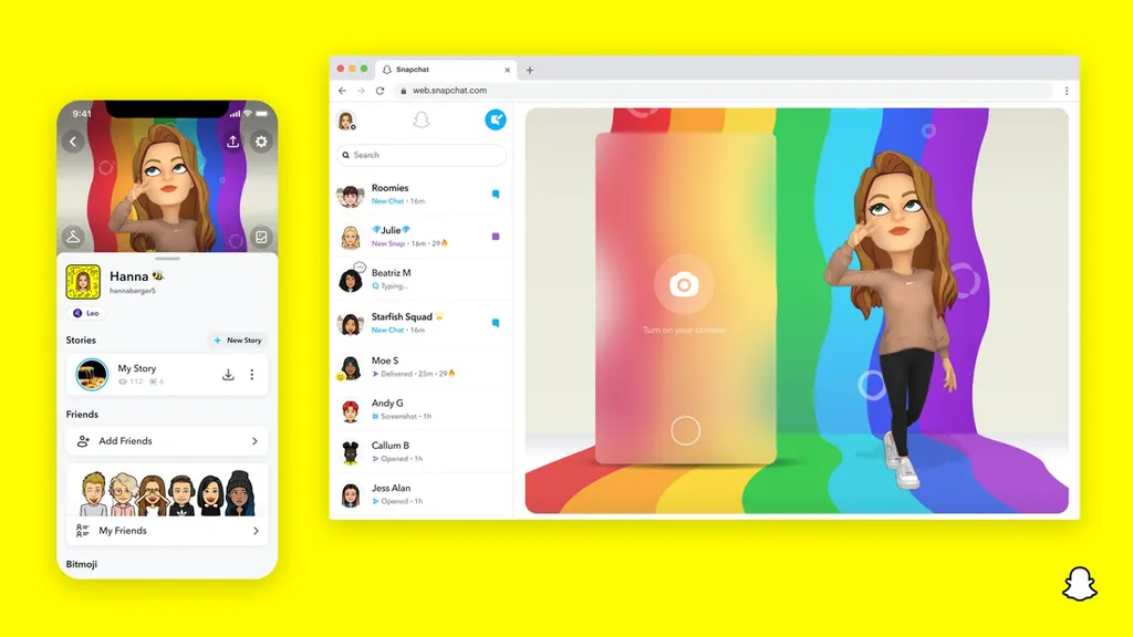 Bitmojis, snaps e chat podem ser acessados pelo PC (Imagem: Reprodução/Snapchat)