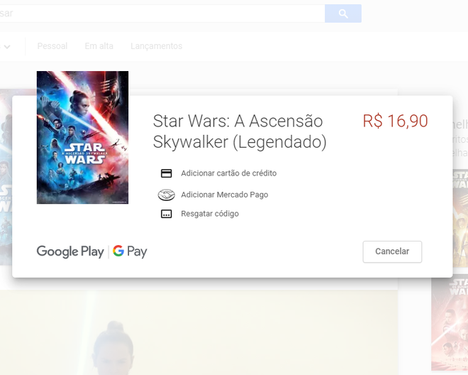 Google Play: os filmes podem ser comprados ou alugados com Mercado Pago ou cartão pré-pago (Captura de tela: Ariane Velasco)