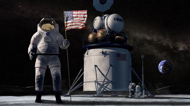 Ilustração simula astronauta norte-americano pisando na Lua através do programa Artemis, ao lado do módulo de pouso (Imagem: NASA)