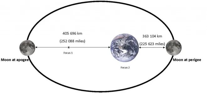 Representação das distâncias da Lua no apogeu e perigeu, com a excentricidade da órbita lunar exagerada para melhor visualização (Imagem: Reprodução/NASA/Luc Viator/Affelia Wibisono)