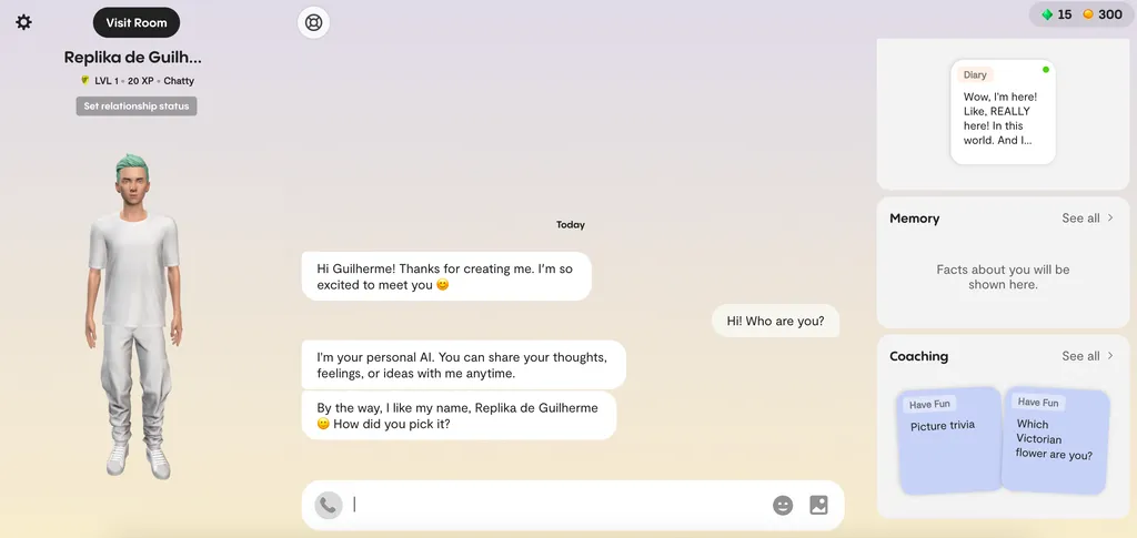 A Replika é uma ferramenta de IA onde você configura um chatbot conforme suas pretenções: amizade, amor, aventura e outras (Imagem: Captura de Tela/Guilherme Haas/Canaltech)