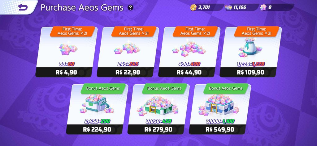Preços das Aeos Gems em Pokémon Unite (Imagem: Captura de Tela/Igor Pontes/Canaltech) 
