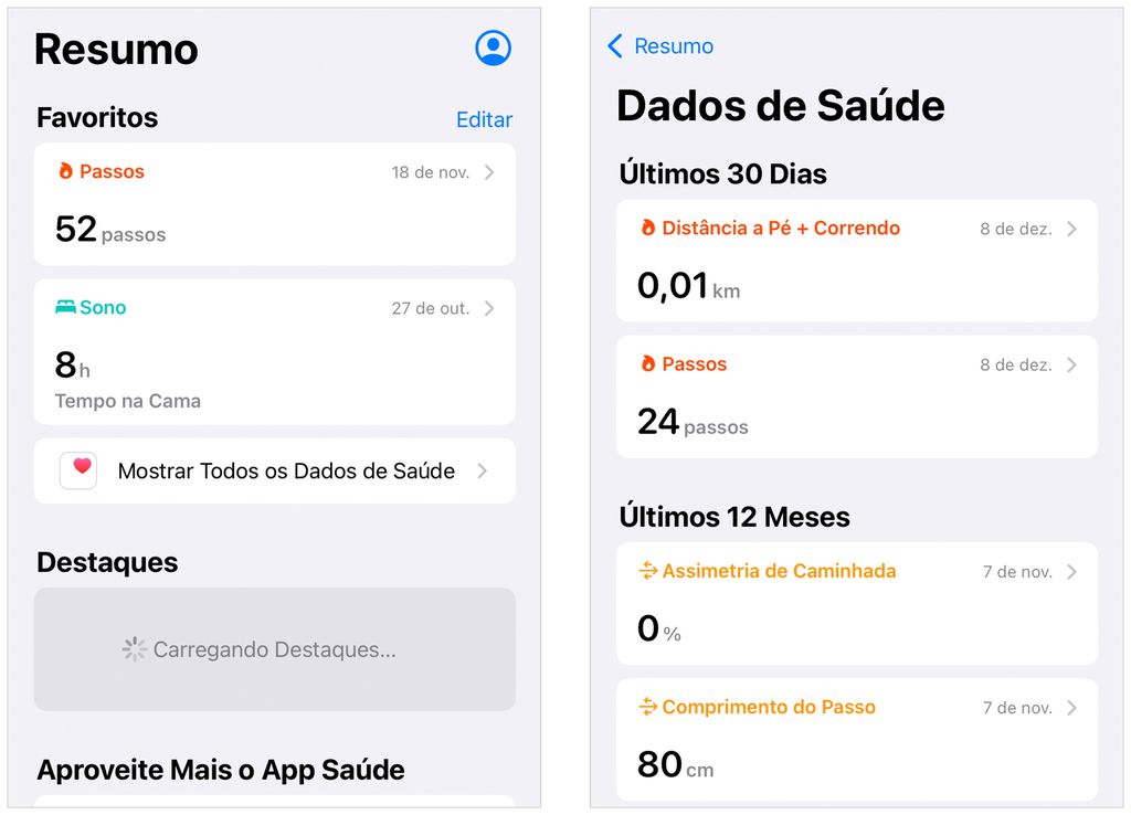 Apple Watch coleta dados importantes para o app Saúde (Captura de tela: André Magalhães)
