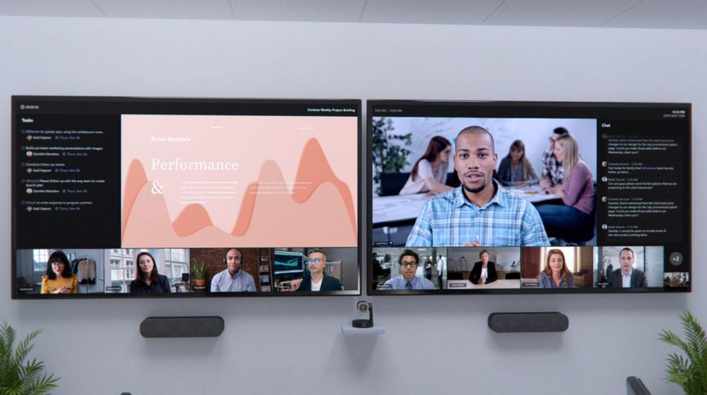 Os participantes da videochamada são enfileirados na horizontal para dar a sensação de que dividem a mesma sala (Imagem: Reprodução/Microsoft)