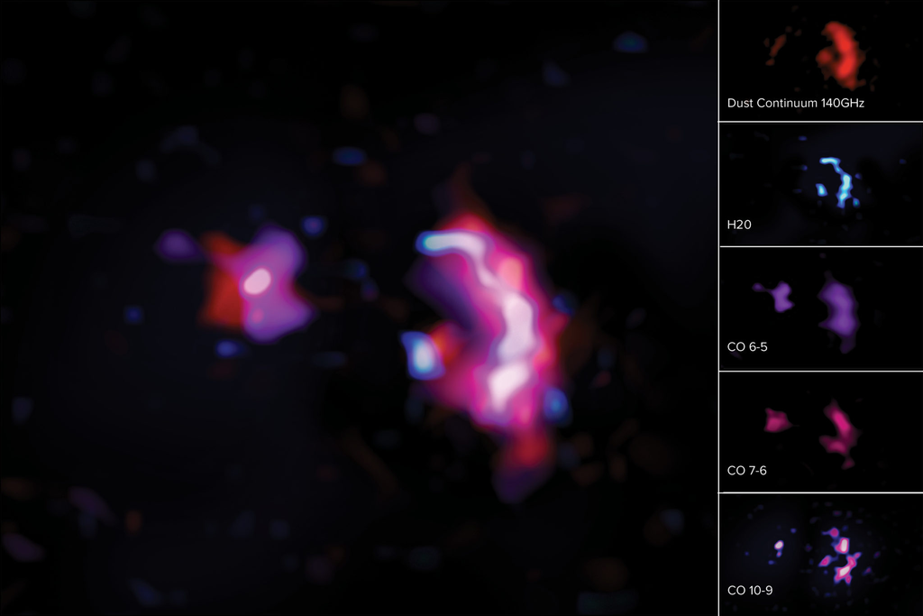 À esquerda, está uma imagem composta da poeira e linhas moleculares da água e monóxido de carbono. À direita, composição de informações da poeira, das linhas moleculares da água e monóxido de carbono (Imagem: Reprodução/ALMA (ESO/NAOJ/NRAO)/S. Dagnello (NRAO)