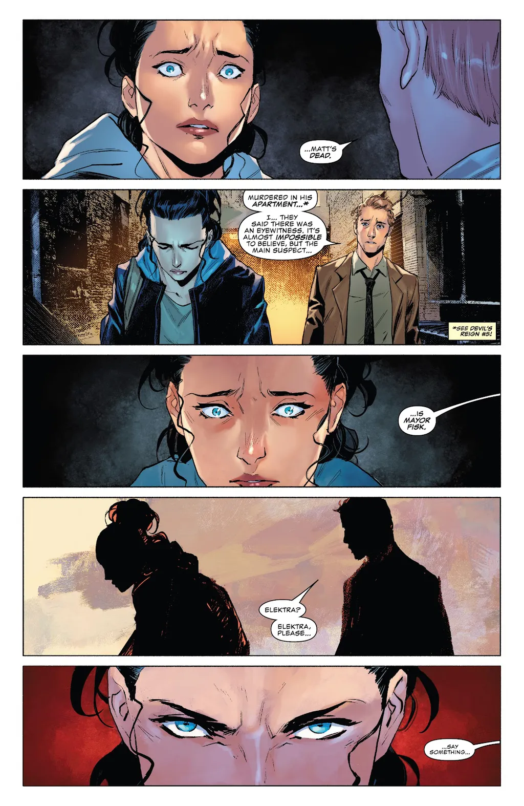 Elektra descobre que o Demolidor foi morto (Imagem: Reprodução/Marvel)