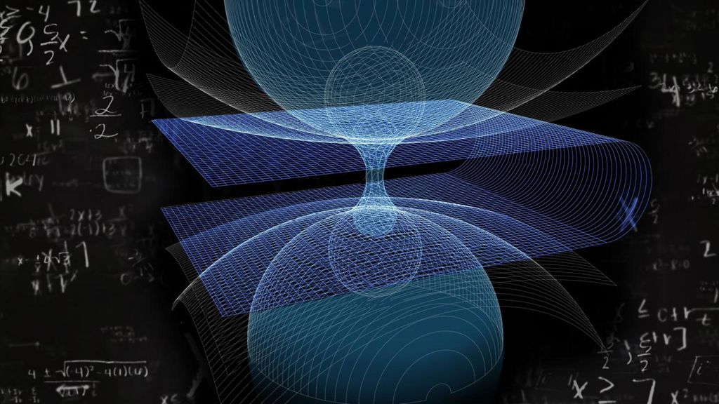 Como seria a forma de um buraco de minhoca simétrico, segundo físico da RUDN University (Imagem: Reprodução/Federico.ciccarese/Wikimedia Commons/Allen Dressen)