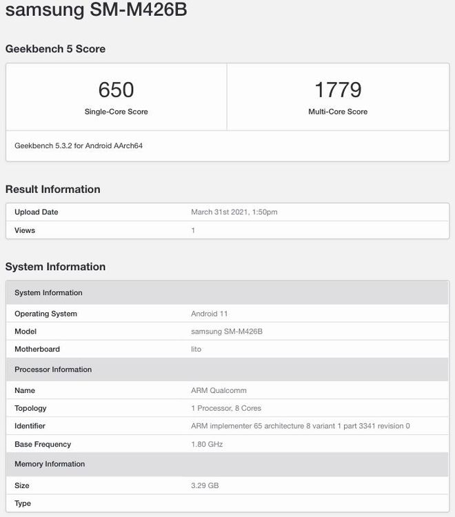 Samsung Galaxy M42 5G em teste no Geekbench (Imagem: Reprodução/Geekbench)