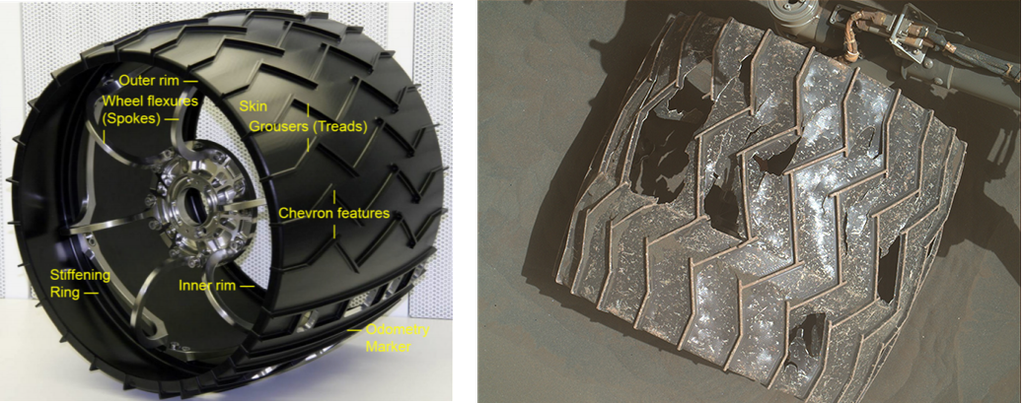 À esquerda, a estrutura de uma roda nova e, à direita, foto de uma das rodas do Curiosity tirada em 4 de abril de 2021 (Imagem: Reprodução/JPL, NASA/JPL-Caltech/MSSS)