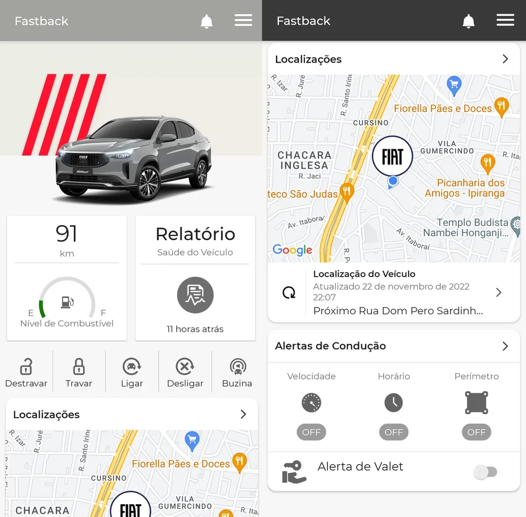 A tela principal do app uConnect já te traz muitas informações sobre o carro conectado (Imagem: Felipe Ribeiro/Canaltech)