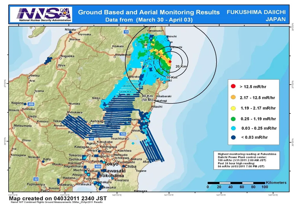 Mapas das áreas contaminadas ao redor da usina em Fukushima poucos dias após o acidente nuclear. A cidade se tornou o lugar mais radioativo do mundo (Imagem:Reprodução/NNSA)