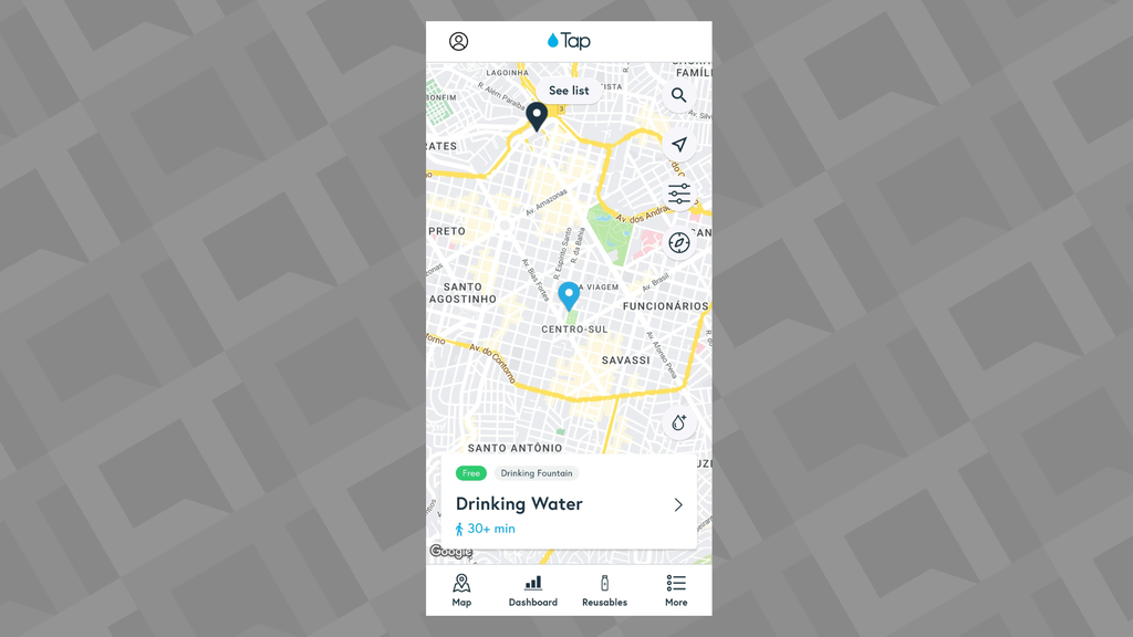 Captura de tela do aplicativo Tap com um mapa repleto de locais de hidratação