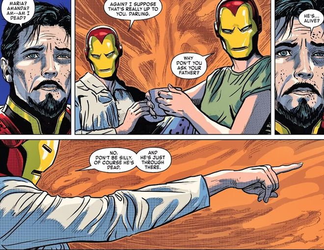 Homem de Ferro delira com seus pais mortos (Imagens: Reprodução/Marvel Comics)