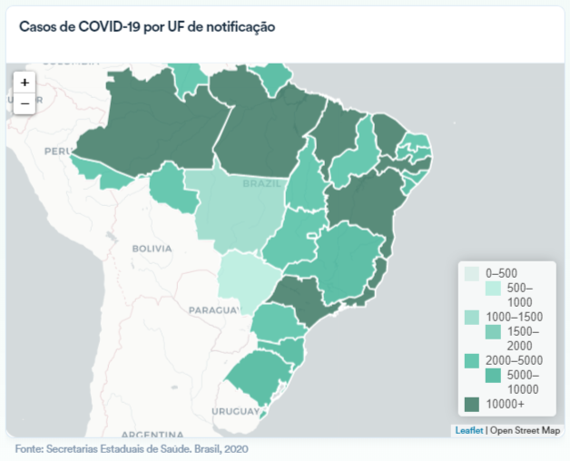 Nove estados brasileiros registram mias de 10 mil casos da COVID-19 (Imagem: reprodução/ Ministério da Saúde)
