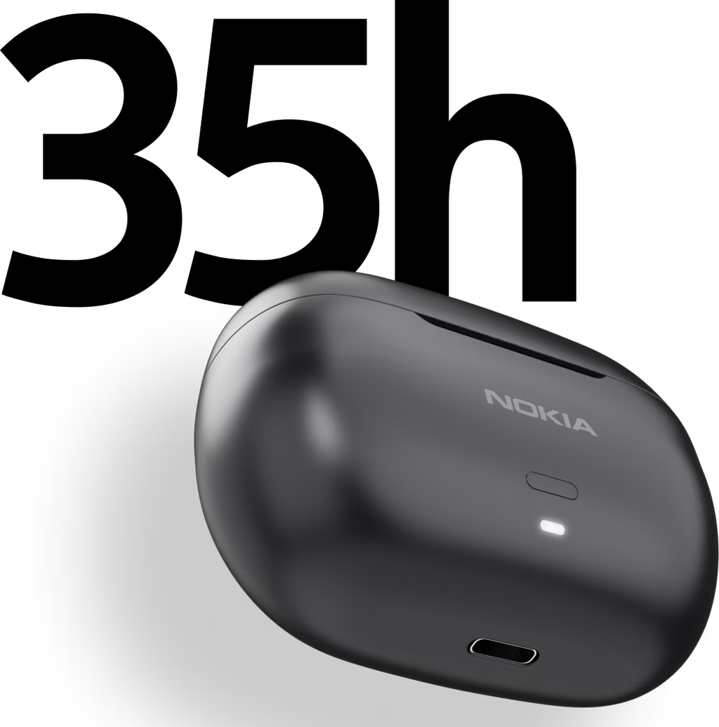Um dos pontos fortes do Nokia Clarity Earbuds 2 Plus é a bateria, que promete até 35h de autonomia mesmo quando o ANC está ativado (Imagem: Reprodução/Nokia)