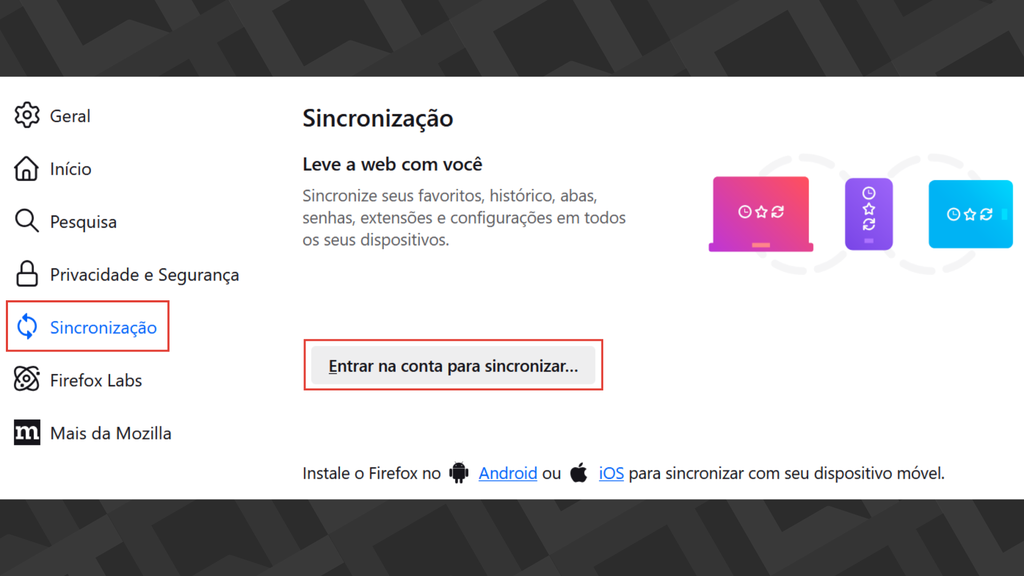 Captura das configurações de sincronização do Firefox
