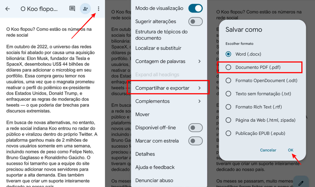 É possível usar o aplicativo do Docs para converter arquivos para PDF (Imagem: Captura de tela/Fabrício Calixto/Canaltech)