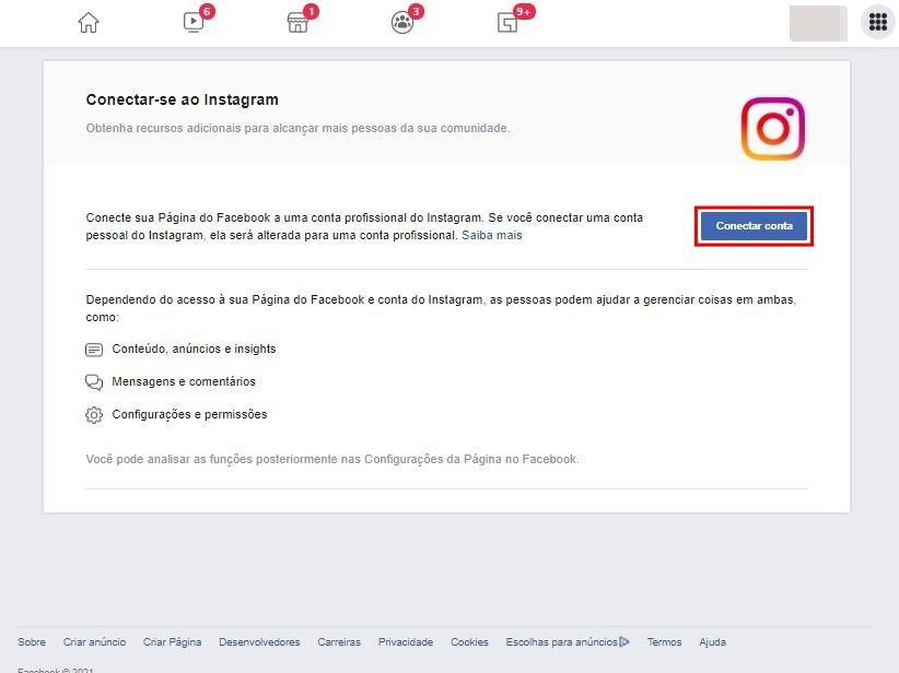 Após a sincronização, você poderá acessar e configurar a conta do Instagram pelo próprio Facebook. (Imagem: Kris Gaiato/Captura de tela)