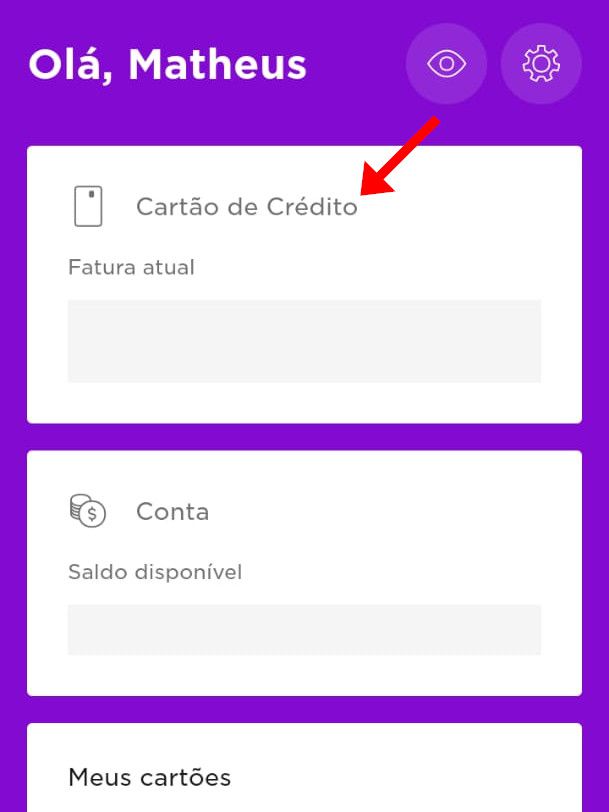 Abra o app do Nubank e toque sobre a seção "Cartão de Crédito" (Captura de tela: Matheus Bigogno)