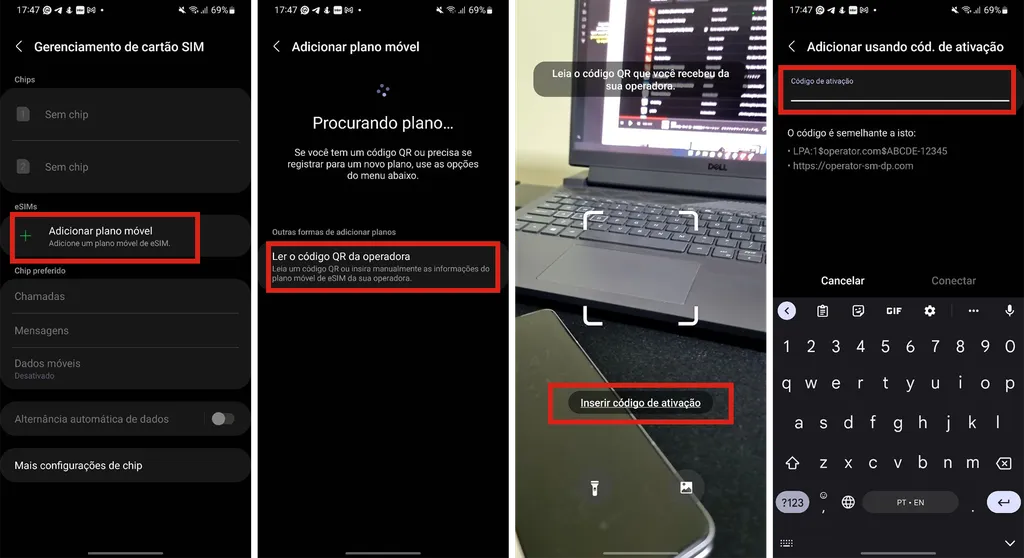 Você pode vincular o plano de eSIM ao seu celular escaneando o QR code fornecido com a câmera, ou através das configurações de rede móvel do dispositivo (Imagem: Renan da Silva Dores/Captura de tela)