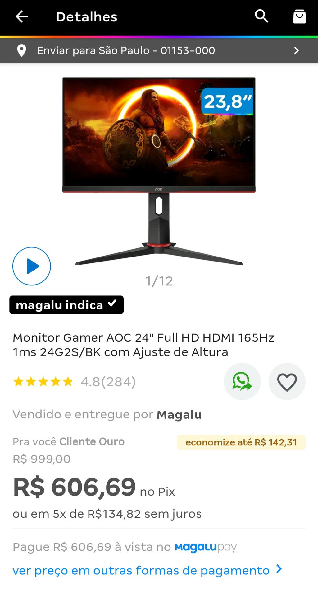 Monitor Gamer AOC 24" Full HD HDMI 165Hz 1ms 24G2S/BK com Ajuste de ...