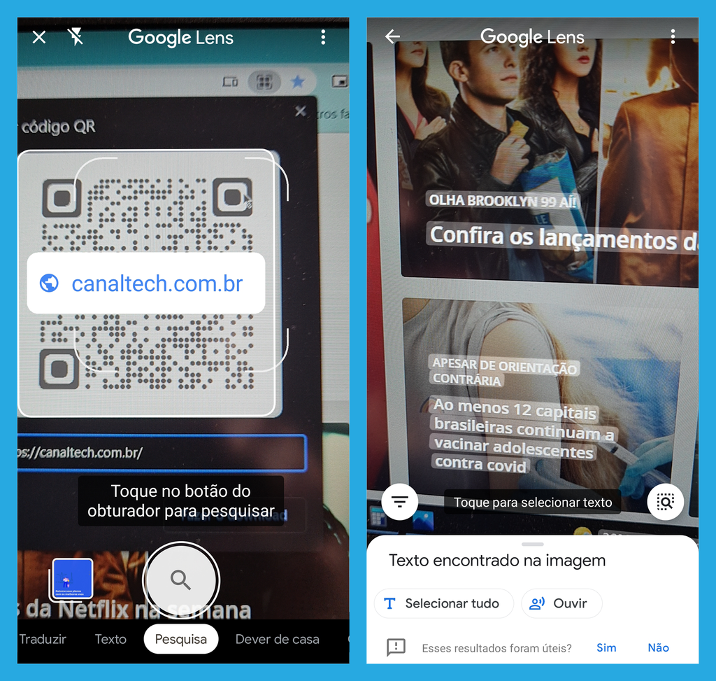 Google Lens pode escanear códigos, selecionar textos de imagens e traduzir conteúdos (Imagem: André Magalhães/Captura de tela)