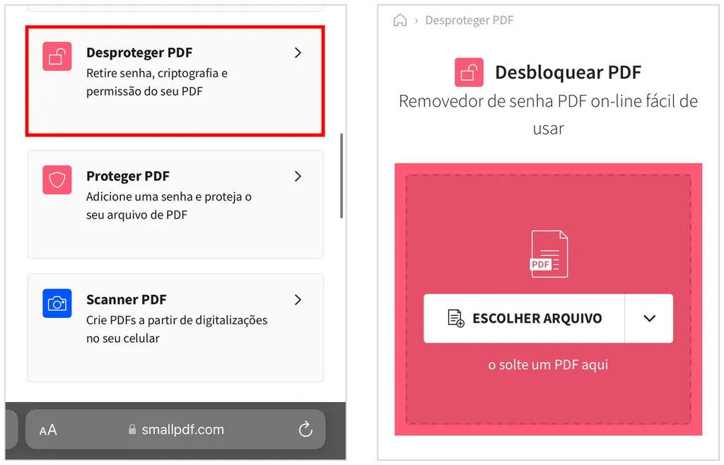 Versão web do Smallpdf permite remover senha de PDF no PC ou celular (Captura de tela: Caio Carvalho)