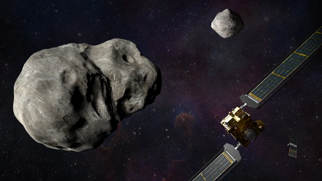 Representação dos asteroides Didymos e Dimorphos (Imagem: Reprodução/NASA/Johns Hopkins APL/Steve Gribben)
