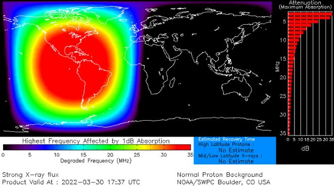 Mapa de absorção de ondas de rádio de alta frequência durante um blackout no dia 30 de março de 2022 (Imagem: Reprodução/NOAA/SWPC Boulder, CO USA)