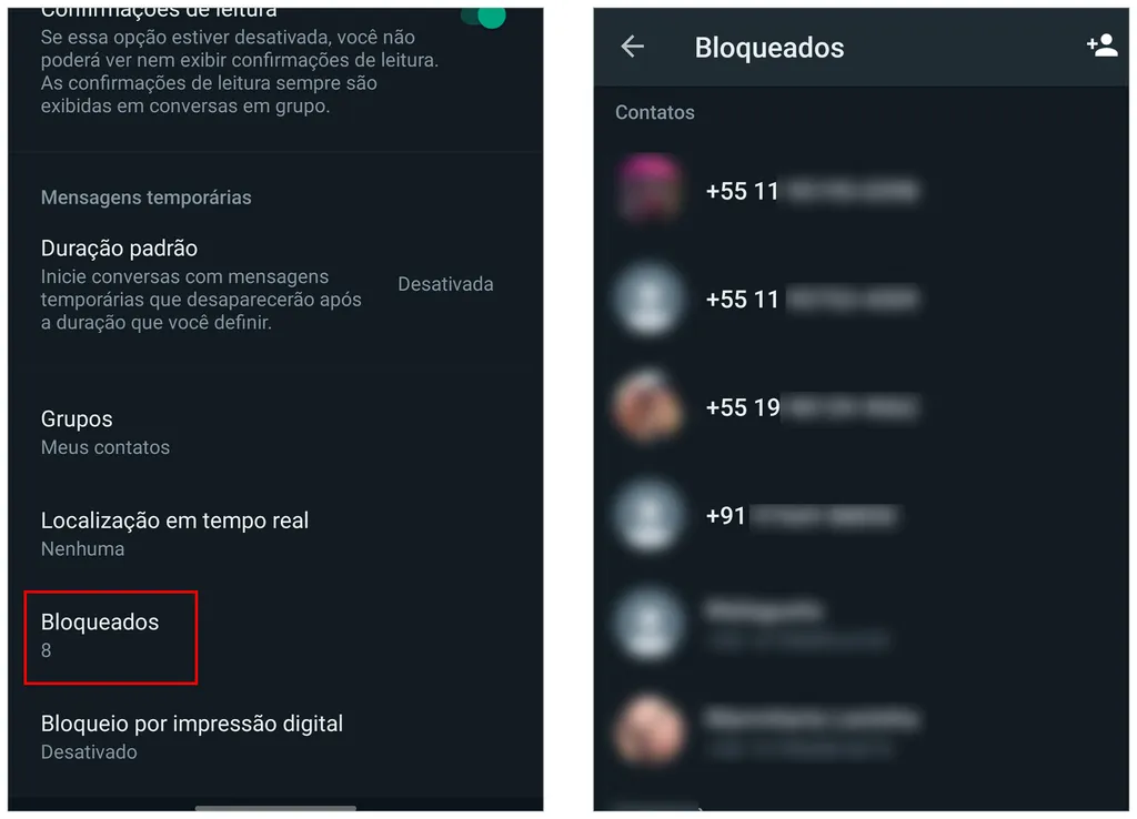 Abra a lista de números bloqueados no WhatsApp (Imagem: Captura de tela/André Magalhães/Canaltech)