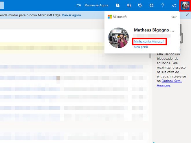 Acesse a sua conta do Outlook, clique no ícone com a sua foto e, em seguida, em "Minha conta Micfrosoft" (Captura de tela: Matheus Bigogno)