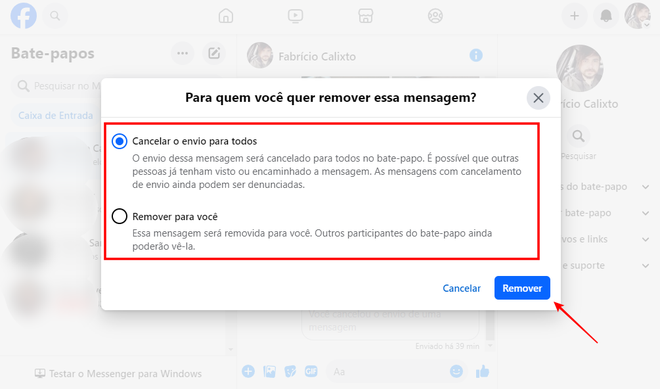 Ao clicar em “Remover” no Messenger, é possível cancelar o envio da mensagem ou deletar o conteúdo somente para você (Imagem: Captura de tela/Fabrício Calixto/Canaltech)