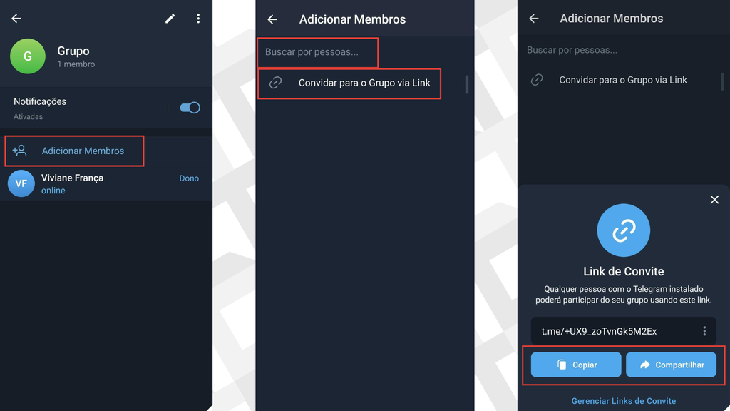 Captura de tela do passo a passo para compartilhar grupos no telegram