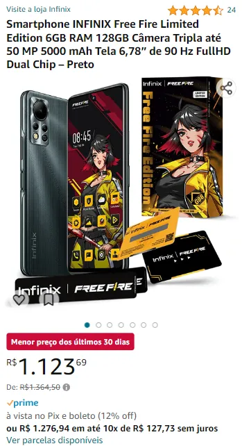 Smartphone Infinix Free Fire Limited Edition, 128GB, 6GB RAM, Câmera Tripla  até 50 MP, Bateria de 5000mAh, Tela 6,78” de 90Hz Full HD, Dual Chip –  Preto