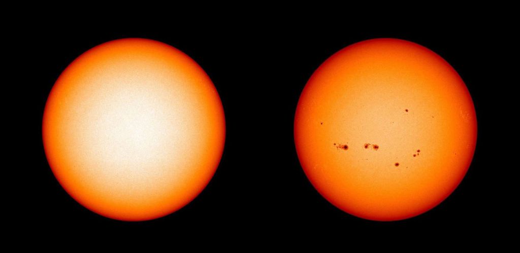 Esta imagem representa duas fases do ciclo de 11 anos. Durante o mínimo solar (à esquerda), nenhum ponto é visto, enquanto no máximo solar (à direita) a face do Sol está repleta de manchas solares (Imagens: Reprdução/NASA/SDO/Joy Ng)
