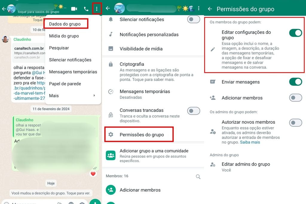 Para impedir que qualquer membro altere o nome de um grupo, é preciso mudar as permissões dentro das configurações da conversa (Imagem: Captura de tela/Guilherme Haas/Canaltech)