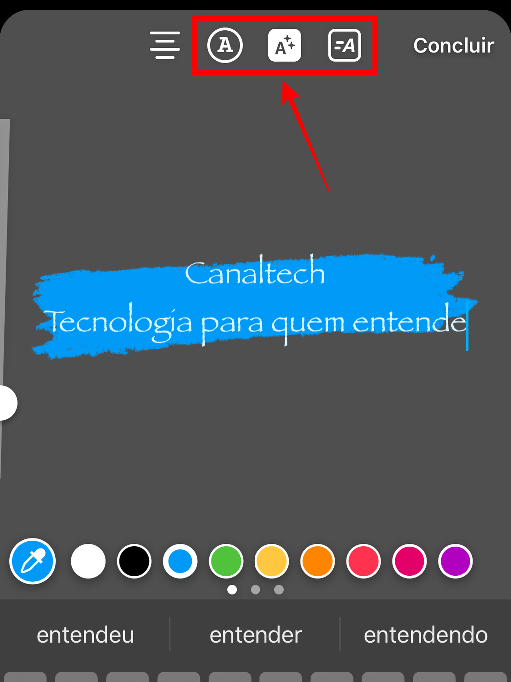 Use as ferramentas de edição para alterar a cor, fundo e efeito do texto. Se quiser, também acrescente GIFs, hashtags, figurinhas e outros elementos no Stories (Captura de tela: Caio Carvalho/Canaltech)