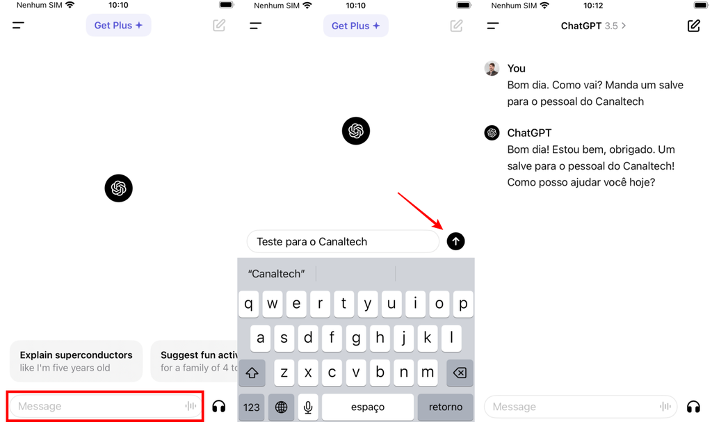 Para usar o ChatGPT no celular, basta fazer login com sua conta e iniciar uma conversa (Imagem: Captura de tela/Fabrício Calixto/Canaltech)