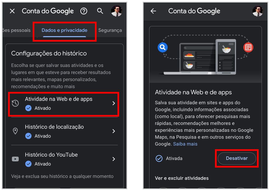 Desative o recurso que faz o Android guardar sua atividade na web e em apps (Captura de tela: Matheus Bigogno)