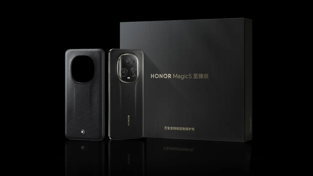 A caixa do Honor Magic 5 Ultimate é especial, e inclui uma case personalizada desenvolvida pela Montblanc (Imagem: Reprodução/Honor)