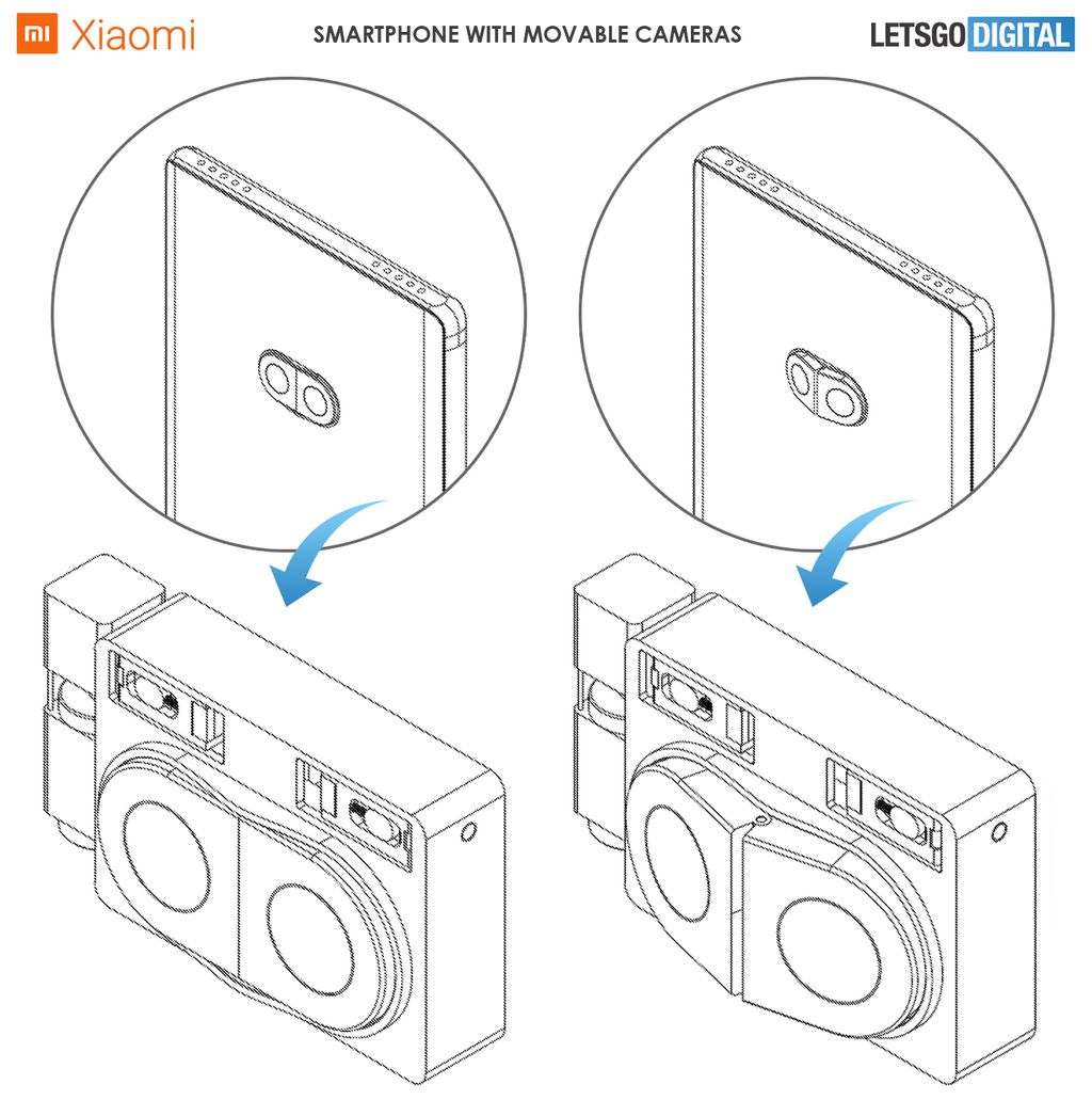 Módulo de câmera móvel da Xiaomi "sai" da traseira do celular para capturas com grande campo de visão sem distorção (Imagem: Reprodução/LetsGoDigital)